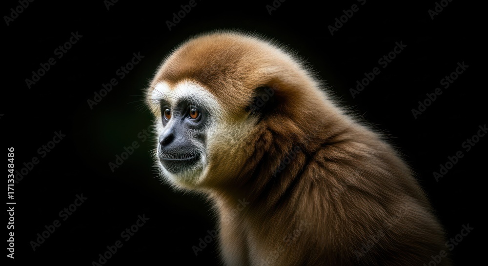 Obraz premium Elegant close-up of a light brown gibbon against a stark black backdrop evoking a sense of mystery