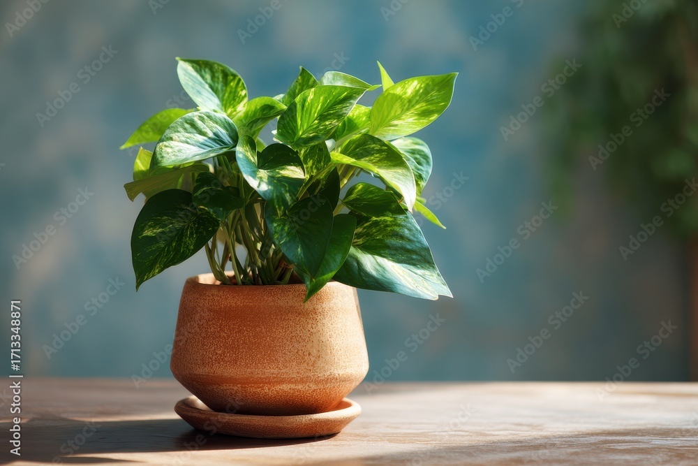 Obraz premium Lush Green Pothos Plant in Terracotta Pot on Wooden Table