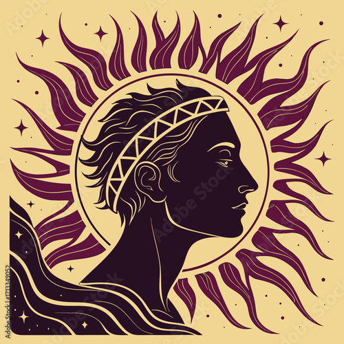 Silhouette of a Head with Sun and Cosmic Elements face