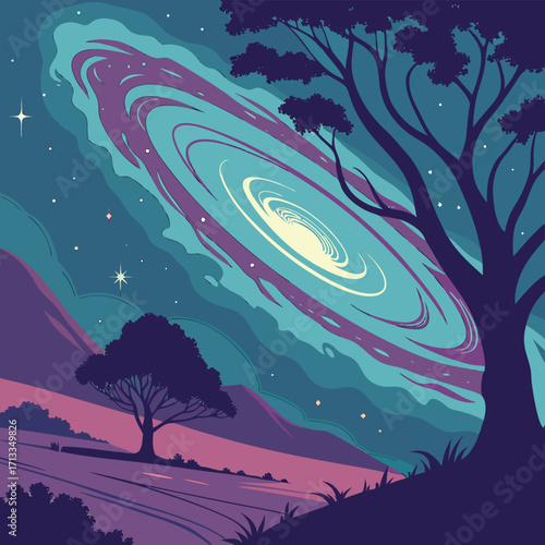 Stylized Galaxy Swirl Over Silhouetted Landscape nebula