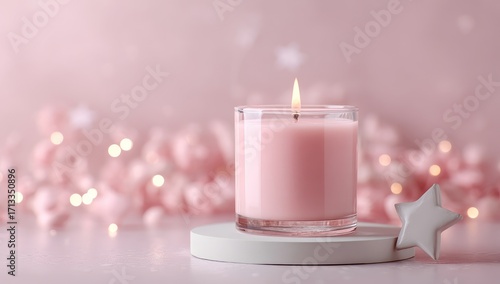 A lit pink candle in a clear glass jar sits on a white circular stand adorned with a light grey star, against a bokeh background of pink lights and shapes