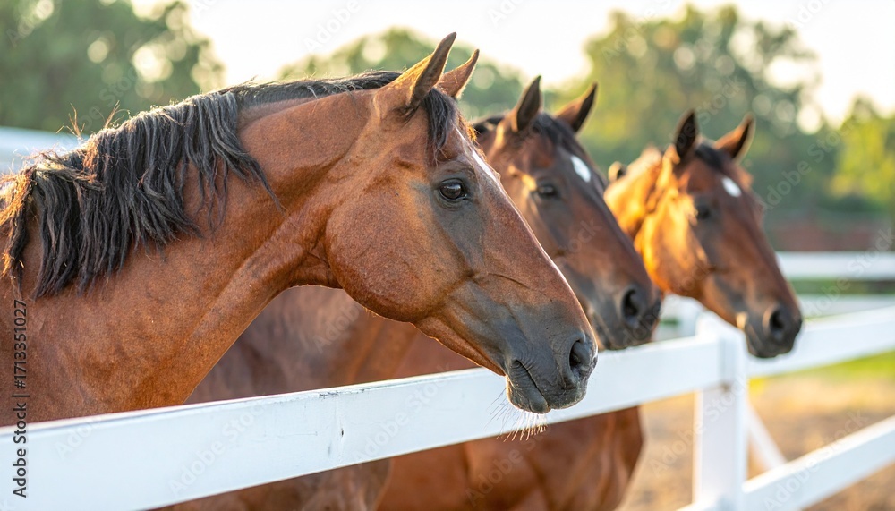 Naklejka premium Generated image close-up of beautiful Arabian horses behind white fence, elegant brown stallions with glossy coats, outdoor stable setting, equestrian lifestyle.