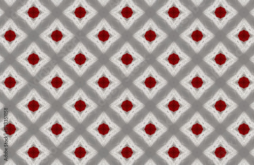 Geometric pattern with red diamond shapes and a gray background for textiles and decor