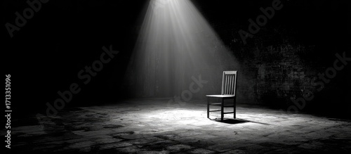 A lone chair sits illuminated by a single spotlight in a dark, dilapidated room. The scene evokes feelings of loneliness, suspense, and anticipation