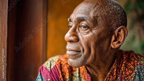 Elderly man thoughtful expression colorful shirt window light deep wrinkles African descent indoor peaceful mood natural light close up wisdom