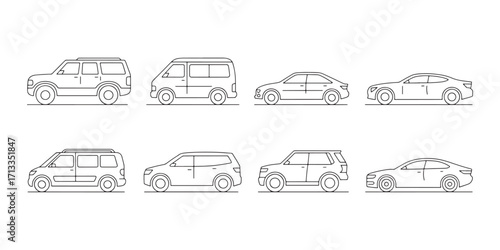 Set of different car body types in minimalist line art style