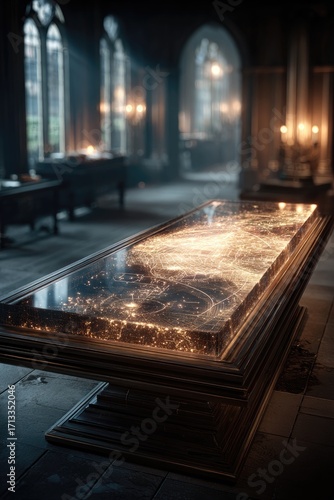 Wallpaper Mural A long, ornate table in a dimly lit hall displays a glowing, detailed map beneath its glass top.  Dark wood, gothic architecture, and candlelight enhance the mystical atmosphere Torontodigital.ca