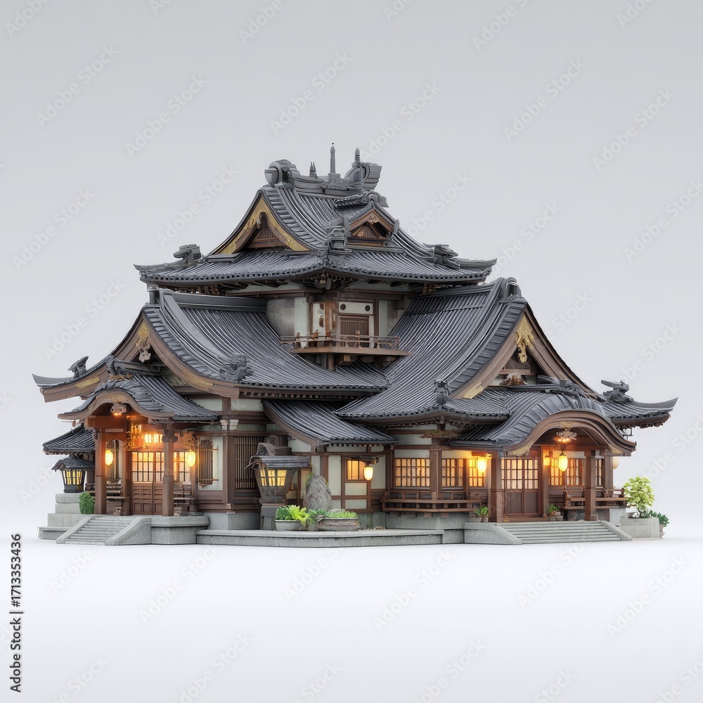 Fototapeta premium A detailed, multi-storied, traditional Japanese building with intricate roof details and warm lighting.