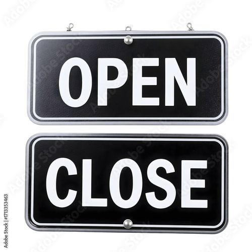 Black and white open and close signs hanging against a white background