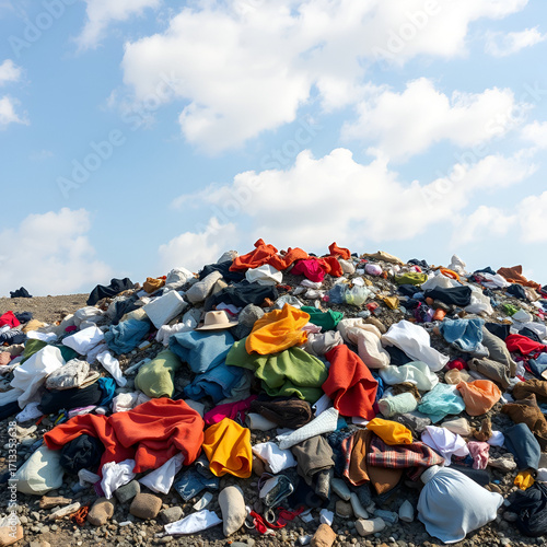 Excessive clothing waste in landfill due to overproduction and consumption causing environmental harm and pollution. Concept Fast Fashion, Textile Waste, Environmental Impact, Sustainable Fashion