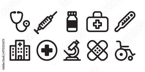 Medical Icons Healthcare Symbols and Clinic Elements in Black Outline Style