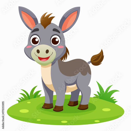 Adorable donkey cartoon character standing cheerfully on green grass, perfect for children's books