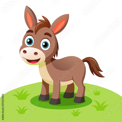 Adorable cartoon donkey smiling on green grass, perfect for kids' books and educational materials