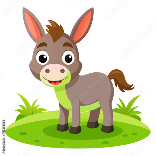Cute cartoon donkey standing in a grassy field, a sweet animal character illustration for kids