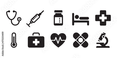 Medical icons set including stethoscope syringe pills bed and microscope