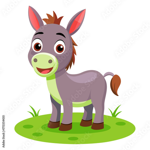 Adorable cartoon donkey standing on grassy patch, radiating charm for storybooks and educational materials