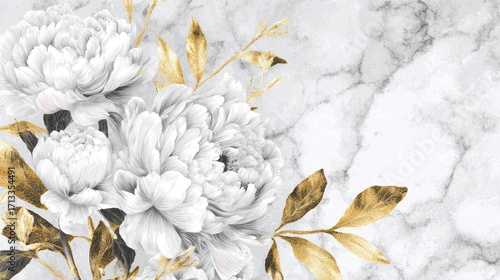 Fototapeta Naklejka Na Ścianę i Meble -  Elegant white peonies with golden leaves on a subtle marble background