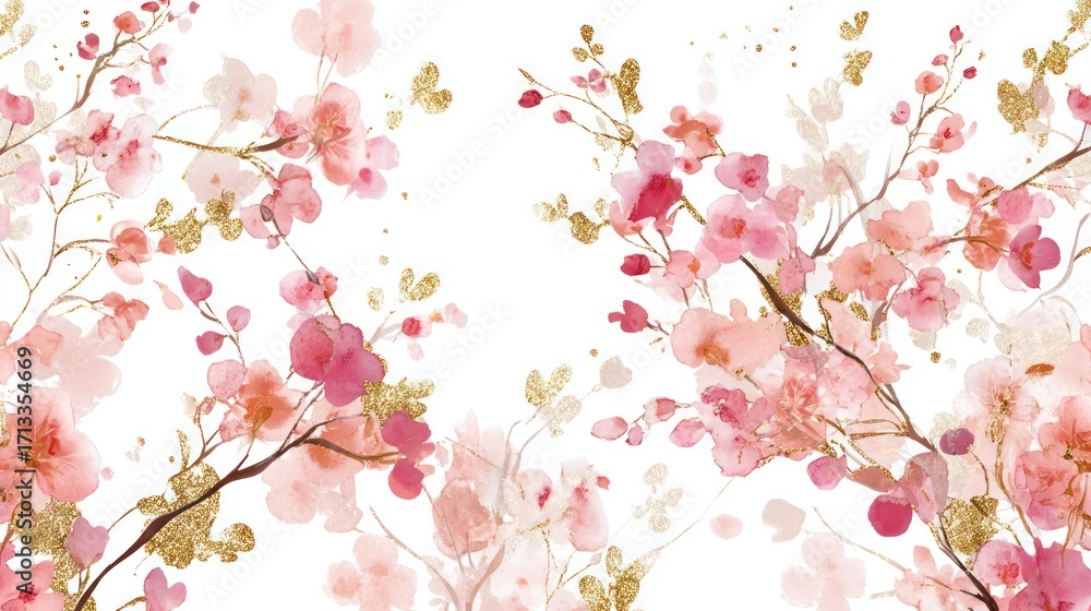 Obraz premium Delicate watercolor painting of blooming pink cherry blossom branches