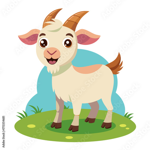 Adorable cartoon goat standing playfully on green grass, perfect for children's books and farm themes