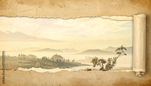 Aged scroll, tranquil landscape