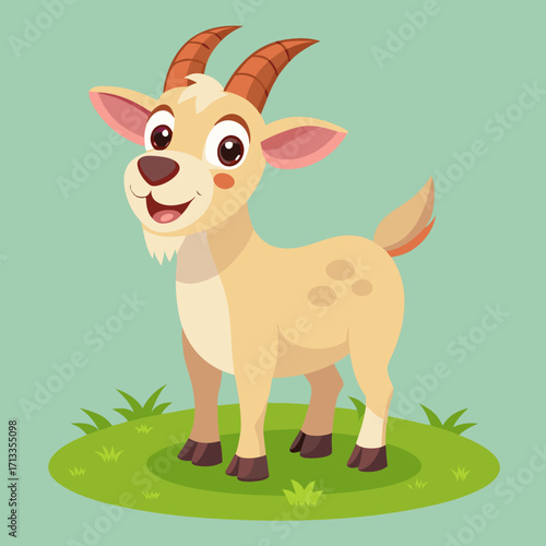 Adorable goat cartoon character standing cheerfully on green grass, perfect for children's illustration