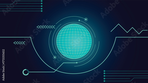 Abstract digital background featuring a glowing globe grid with futuristic tech elements, perfect for modern technology, innovation, and cyber design projects.