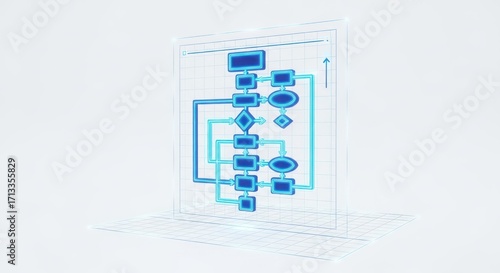 Futuristic digital flowchart illustration depicting software development and algorithmic process