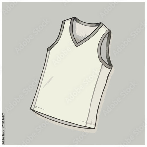 An illustrated clean white V-neck tank top floats on a neutral gray background, rendered in a simple, slightly shaded style ideal for product mockups or casual apparel designs