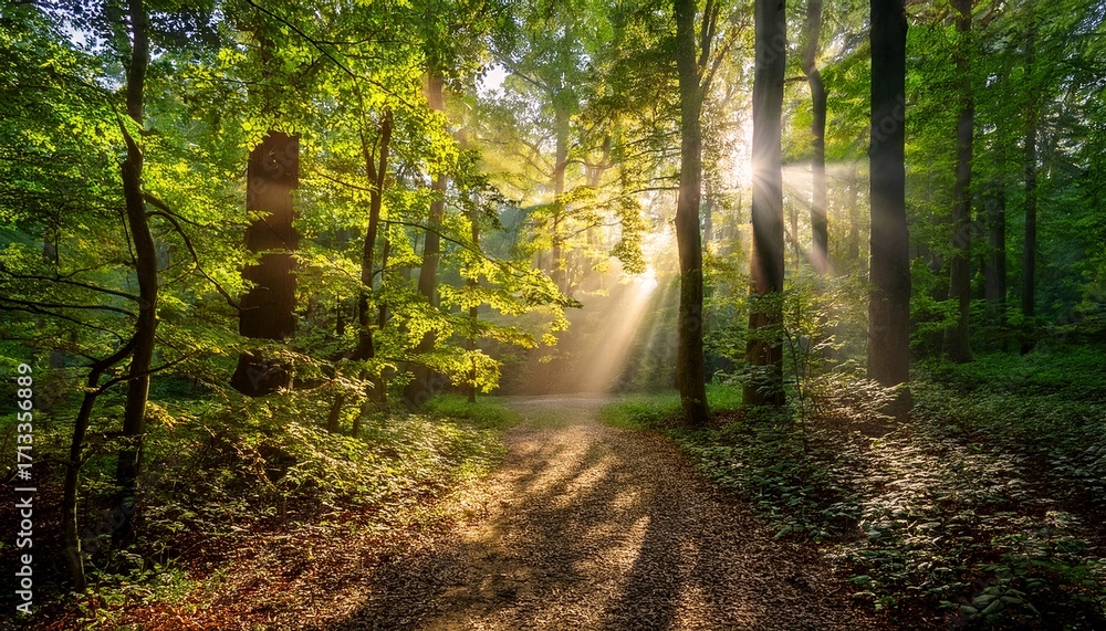 Fototapeta premium Sunbeams Filtering Through Green Leaves In A Sun Drenched Forest Path Woods Trees