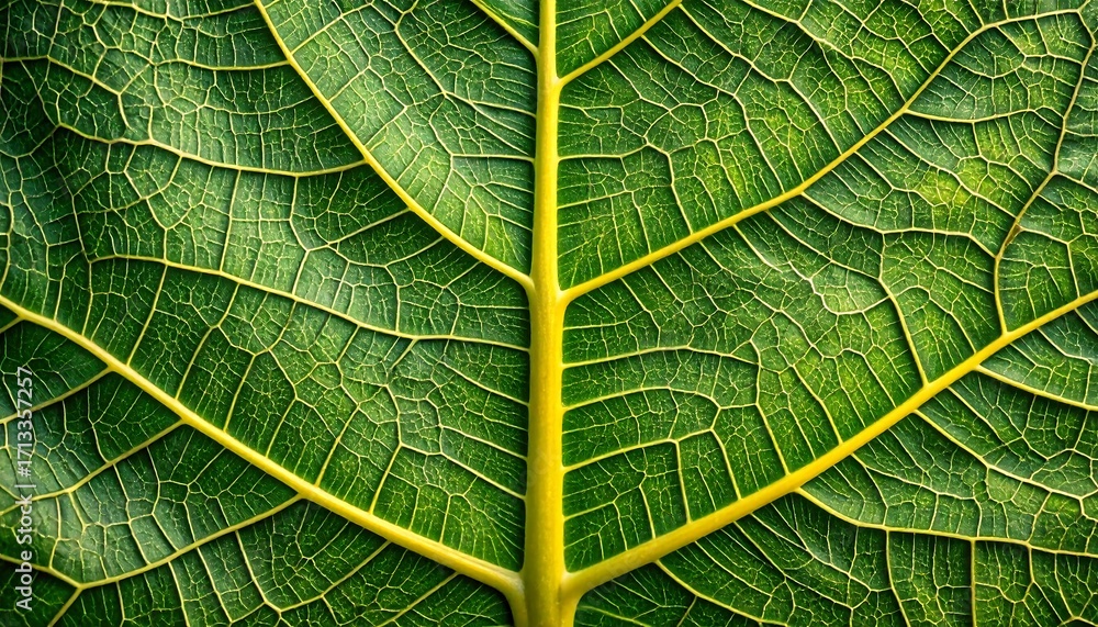 Obraz premium Close-up view of intricate leaf veins, showcasing a vibrant green leaf structure with bright yellow highlights.