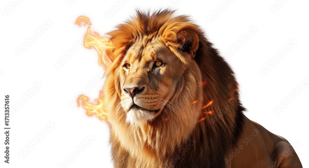 Fototapeta premium Feline Royalty on Fire: A Dramatic Lion Portrait with Fiery Visual Effects display
