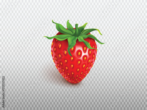 Detailed 3D realistic strawberry vector illustration featuring fresh red berry with green leaves, perfect for food, health, and fruit-themed graphic designs