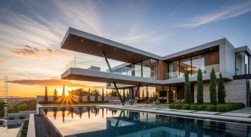 Fototapeta premium A spectacular modern home basking in the glow of a vibrant sunset luxury living