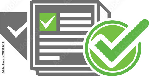 Documents with green check marks indicating approval and completion of tasks or requirements shown