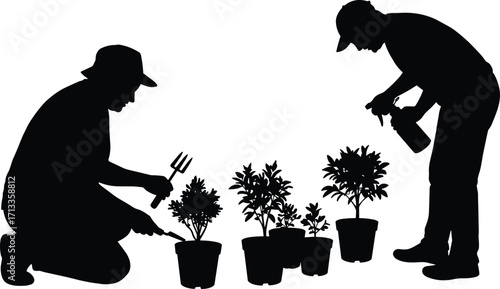 Black silhouette illustration of people gardening, watering plants, teamwork in horticulture, plant care, eco lifestyle, sustainable agriculture, outdoor activity, nature