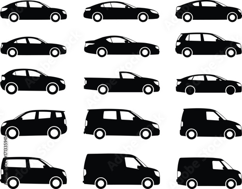 Vehicle silhouettes grid, car types, sedan, SUV, hatchback, van, pickup truck, black outline, transport icons, auto design, car comparison, silhouette collection, body styles,