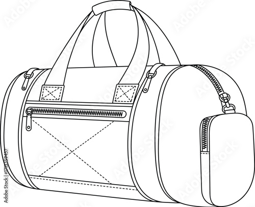 Detailed line drawing of cylindrical duffel bag with side pocket, end compartment, sturdy handles, zipper details, travel gear illustration
