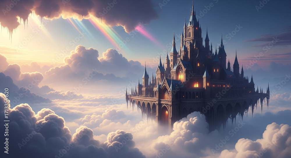 Naklejka premium Majestic castle soaring above the clouds bathed in ethereal light, a fantastical realm of dreams and wonder, evoking a sense of adventure, perfect for fantasy novels and magical tales