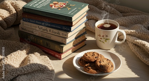 Cozy Reading Nook: Stack of Books, Steaming Tea, and Chocolate Chip Cookies in Soft Sunlight