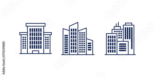 Minimal line icons set of various buildings including hospitals, townhouses, museums, city skyscrapers ideal for urban architecture, real estate, and infrastructure design