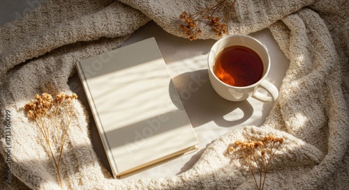Cozy Still Life: Book, Tea, and Dried Flowers on Textured Blanket in Warm Sunlight