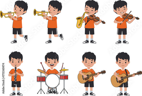 Boy Playing Musical Instruments, Trumpet, Saxophone, Violin, Drums, Guitar, Clarinet, Music Education, Cartoon Character, Kids Learning Music, School Band, Performance, Fun Activity, Instrument 