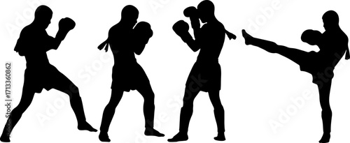 silhouette thai boxing postures black thai boxing shapes muay thai monochrome color on white background