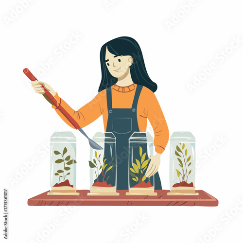 Young woman tending to plants in individual glass containers, using a small gardening tool.