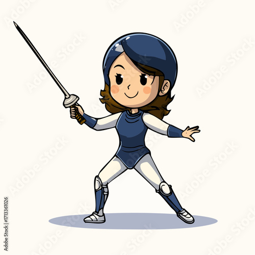 A young female fencer, poised in a ready stance, holds a foil.