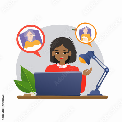 Young woman video conferencing with family, working from home, using laptop.