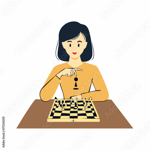 Young woman thoughtfully playing a chess game, strategizing her next move.