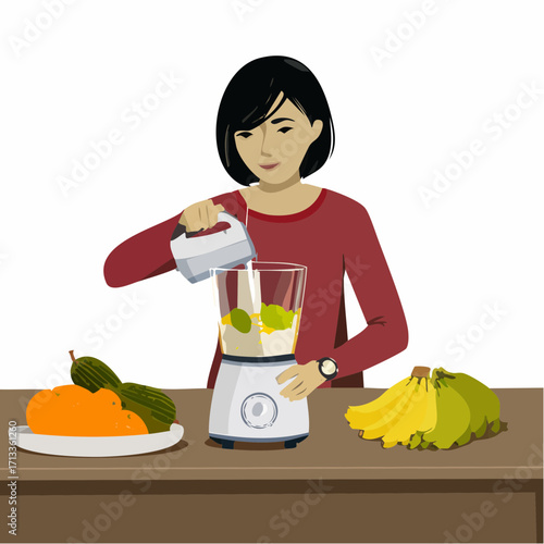Woman making a healthy smoothie, pouring liquid into a blender with fruit.