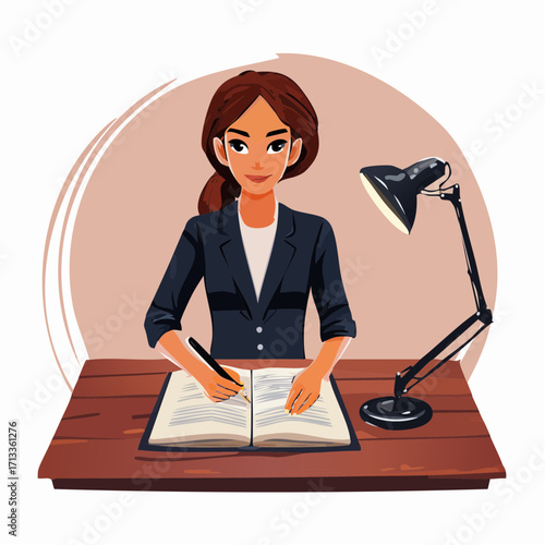 Businesswoman diligently writing in a large open book at her desk under a desk lamp.