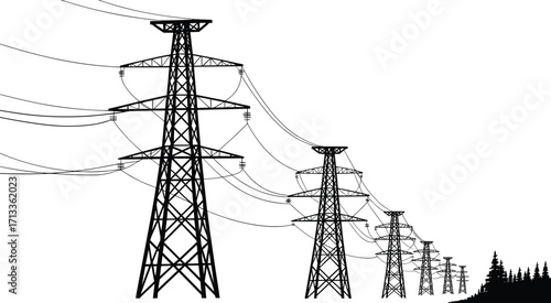 High voltage power lines, electrical transmission towers, silhouette landscape, energy infrastructure, utility poles, modern electricity network, industrial design, vector illustration